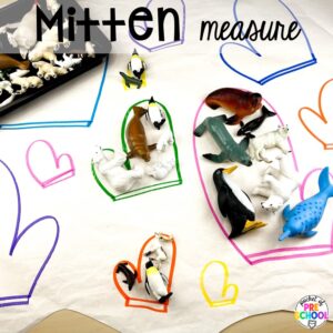Mitten measure and more ideas for winter butcher paper activities for preschool, pre-k, and kindergarten students.