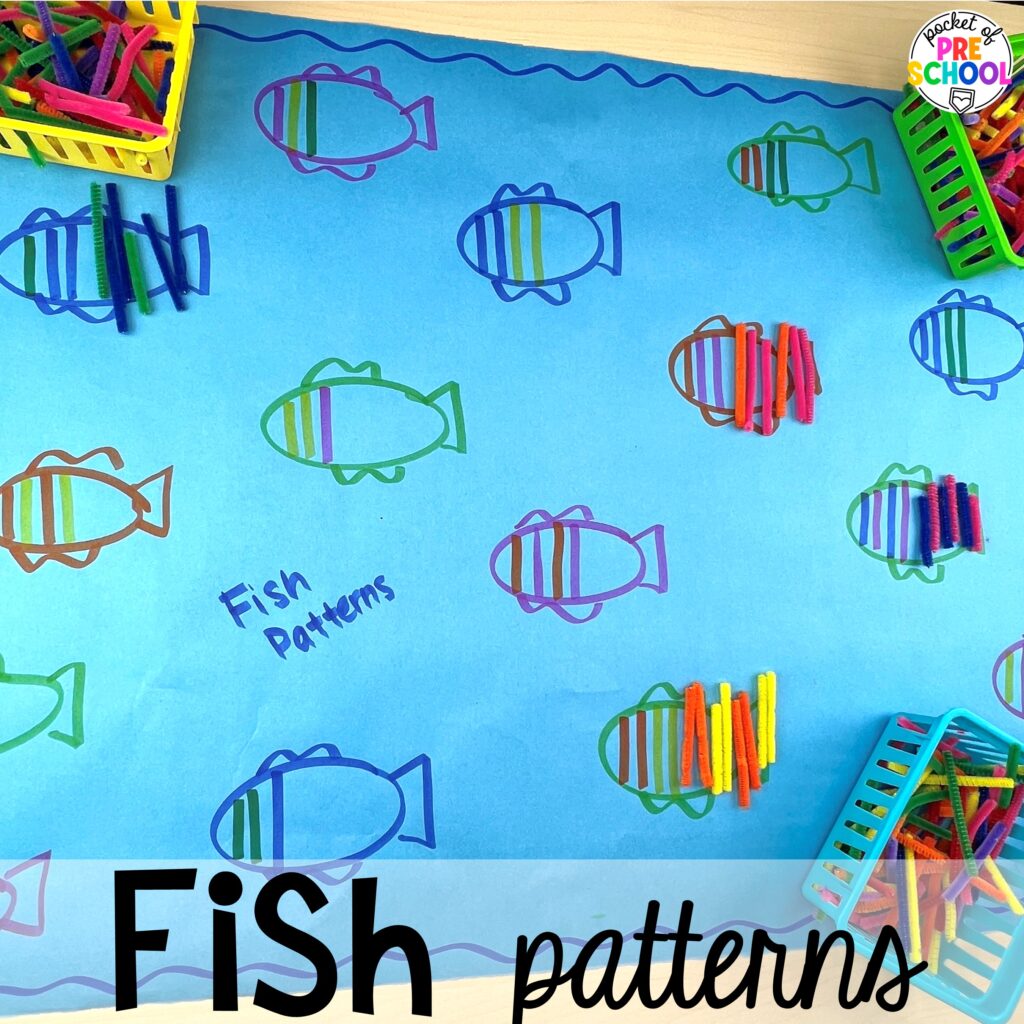 Fish Patterns plus more math butcher paper activities for preschool, pre-k, and kindergarten students to move and explore while learning.