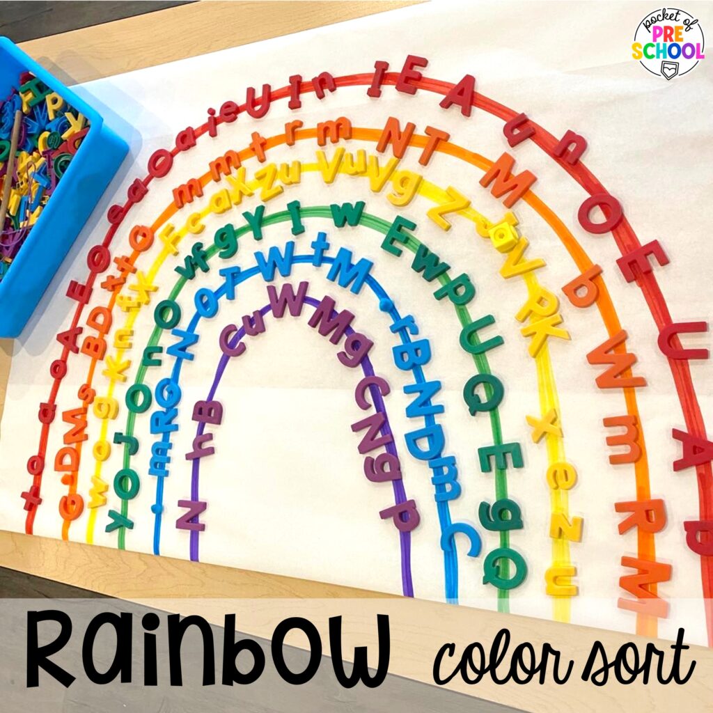 Rainbow color sort plus more ideas for your spring butcher paper activities for math, literacy, and writing skills for preschool, pre-k, and kindergarten students.