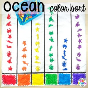 Ocean color sort plus more summer butcher paper activities for literacy, math, and fine motor for preschool, pre-k, and kindergarten.