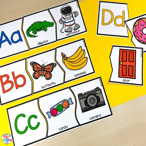 3 piece alphabet puzzles for preschool, pre-k, and kindergarten students to explore letters and beginning sounds.