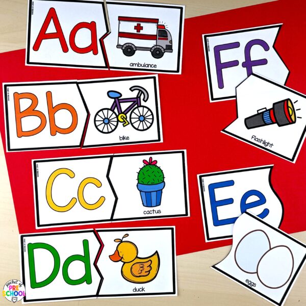 2 piece alphabet puzzles for preschool, pre-k, and kindergarten students to explore letters and beginning sounds.