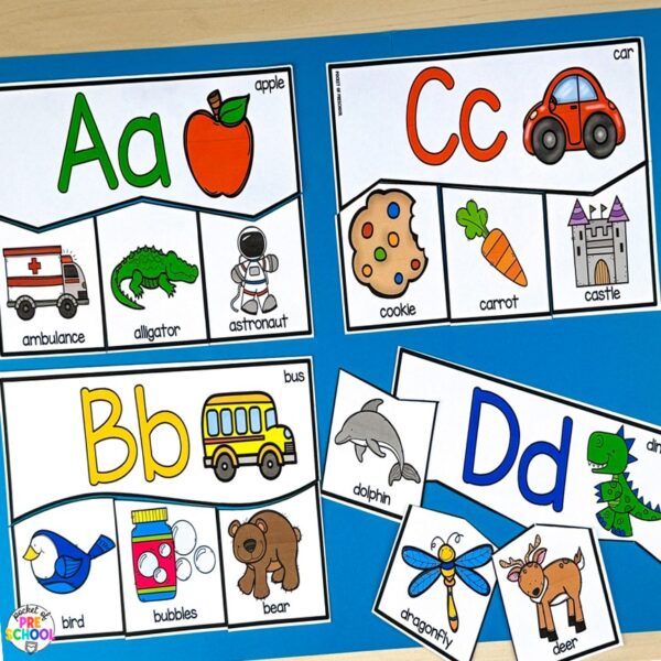 4 piece alphabet puzzles for preschool, pre-k, and kindergarten students to explore letters and beginning sounds.