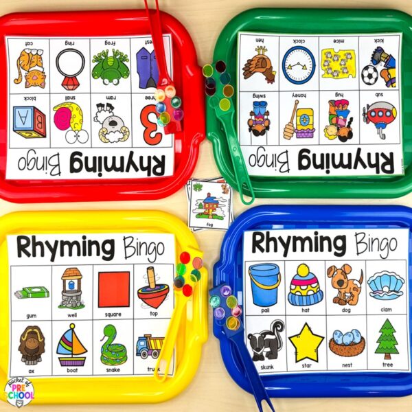 Practice rhymes with your preschool, pre-k, and kindergarten students with these fun bingo cards.