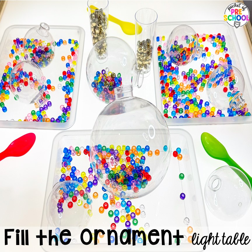 Fill the ornament fine motor activity plus more Christmas and gingerbread light table activities for preschool, pre-k, and kindergarten students. These are perfect for the holidays.