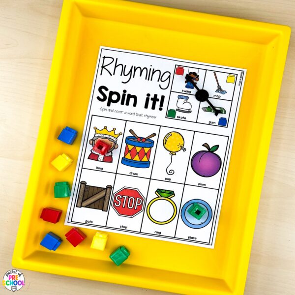 Practice rhymes with your preschool, pre-k, and kindergarten students with these fun rhyming spin it mats.