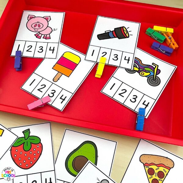 Practice syllables with preschool, pre-k, and kindergarten students with these fun clip cards.