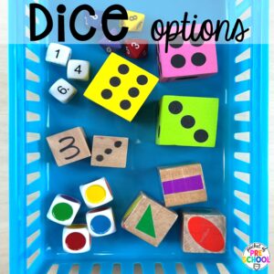 Dice options for math butcher paper activities for preschool, pre-k, and kindergarten students to move and explore while learning.
