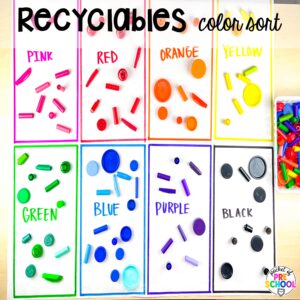 Recyclables color sort plus more ideas for your spring butcher paper activities for math, literacy, and writing skills for preschool, pre-k, and kindergarten students.