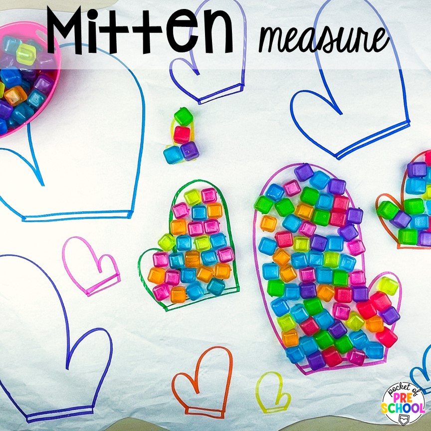 Mitten measure and more ideas for winter butcher paper activities for preschool, pre-k, and kindergarten students.