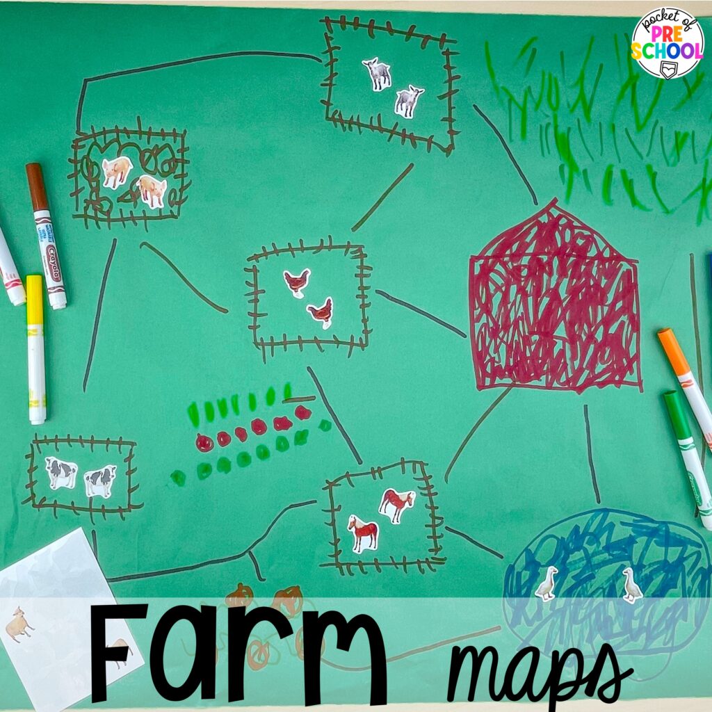 Farm maps plus more math butcher paper activities for preschool, pre-k, and kindergarten students to move and explore while learning.