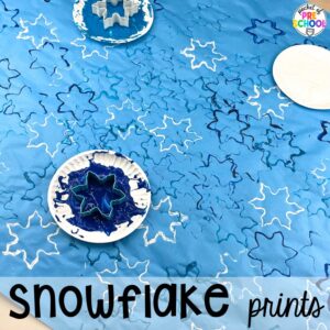 Snowflake prints and more ideas for winter butcher paper activities for preschool, pre-k, and kindergarten students.