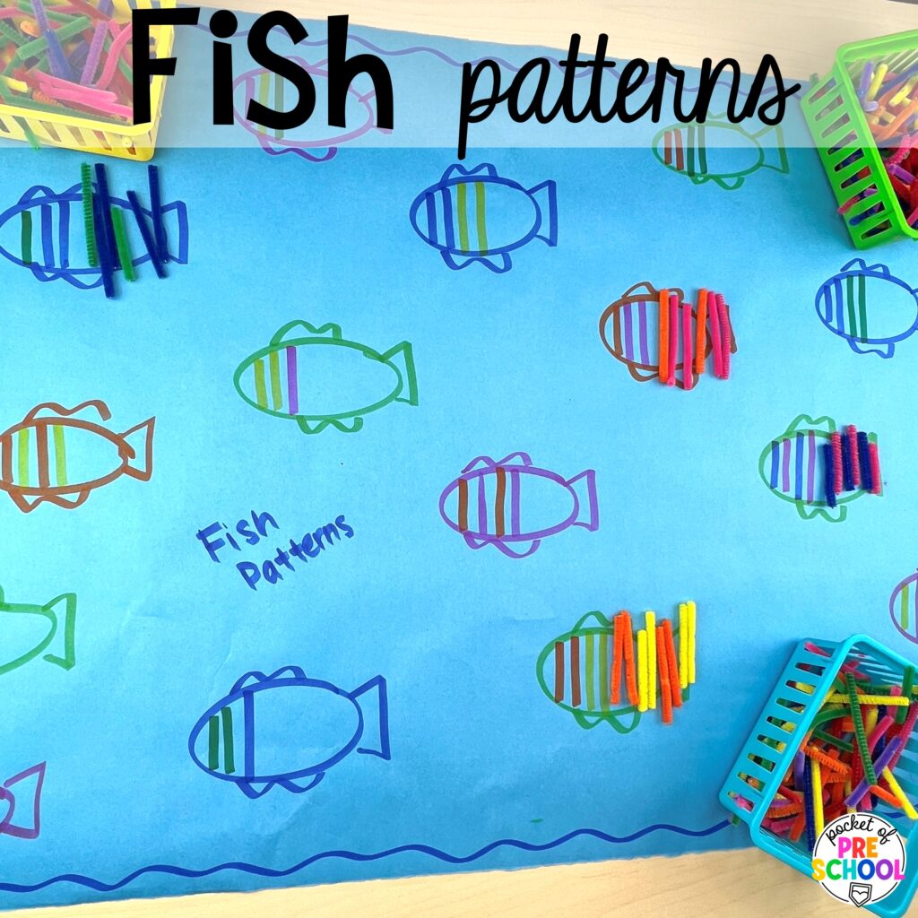 Fish patterns plus more summer butcher paper activities for literacy, math, and fine motor for preschool, pre-k, and kindergarten.