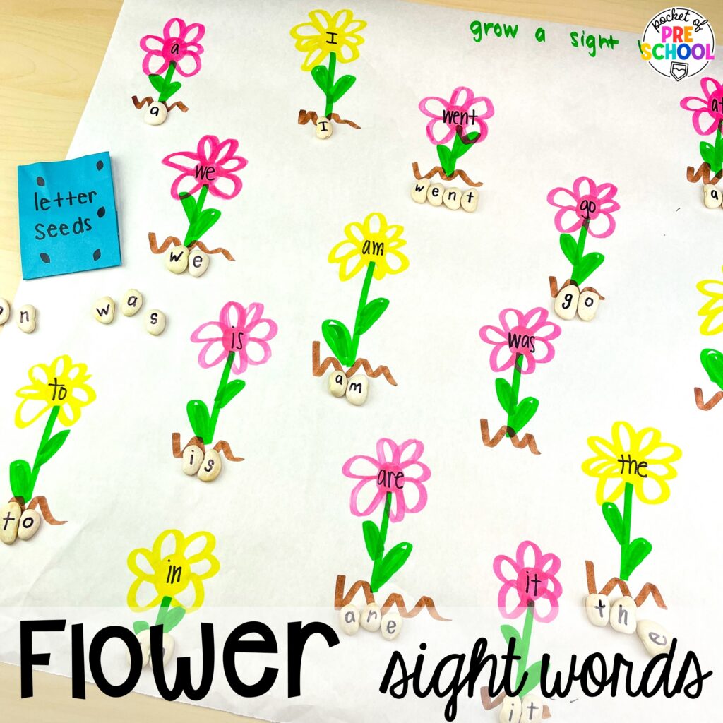Flower sight words plus more ideas for your spring butcher paper activities for math, literacy, and writing skills for preschool, pre-k, and kindergarten students.