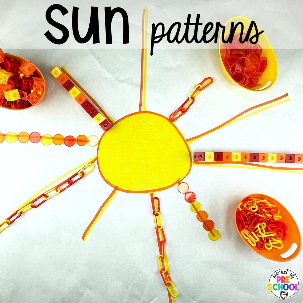 Sun patterns plus more summer butcher paper activities for literacy, math, and fine motor for preschool, pre-k, and kindergarten.
