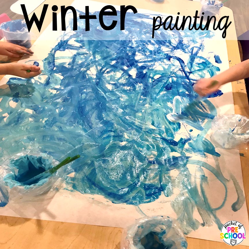 Winter painting and more ideas for winter butcher paper activities for preschool, pre-k, and kindergarten students.