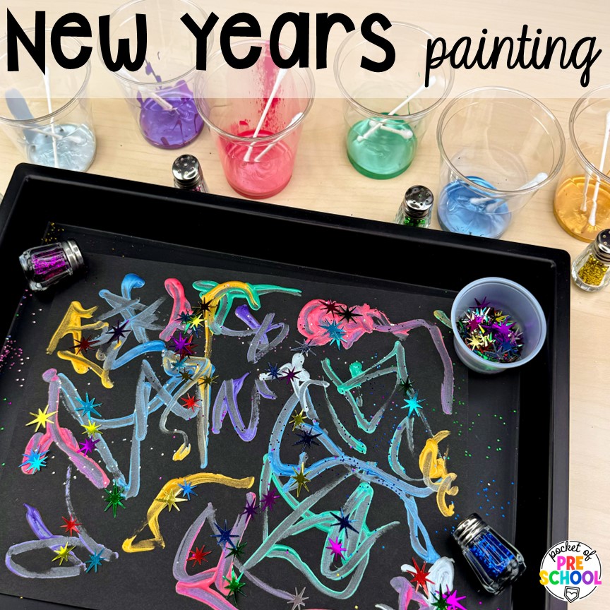New Years painting plus more New Year activities and centers for preschool, pre-k, and kindergarten students.