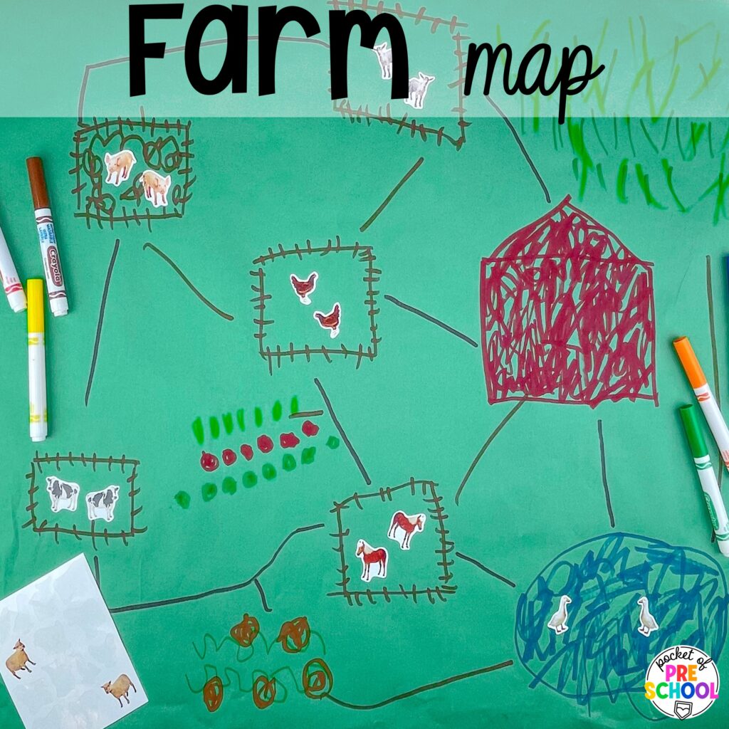 Farm map plus more ideas for your spring butcher paper activities for math, literacy, and writing skills for preschool, pre-k, and kindergarten students.