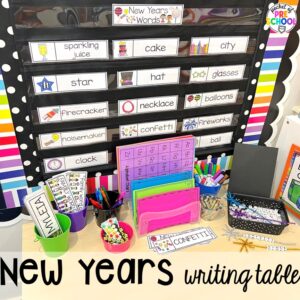 Writing table plus more New Year activities and centers for preschool, pre-k, and kindergarten students.