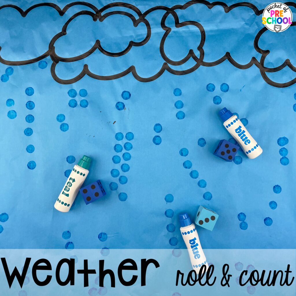 Weather Roll & Count plus more math butcher paper activities for preschool, pre-k, and kindergarten students to move and explore while learning.