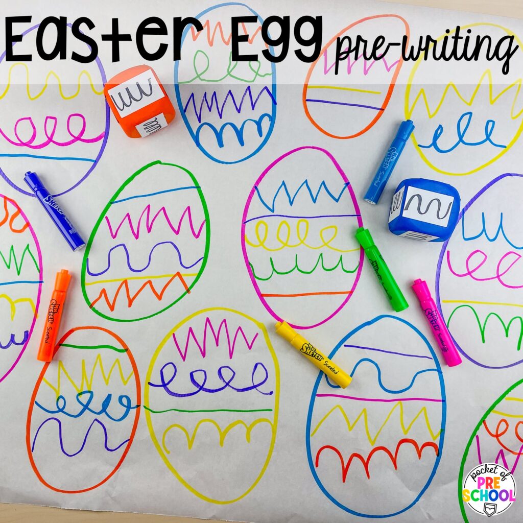 Easter Egg pre-writing lines plus more ideas for your spring butcher paper activities for math, literacy, and writing skills for preschool, pre-k, and kindergarten students.