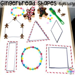 Gingerbread shapes plus more Christmas and gingerbread light table activities for preschool, pre-k, and kindergarten students. These are perfect for the holidays.