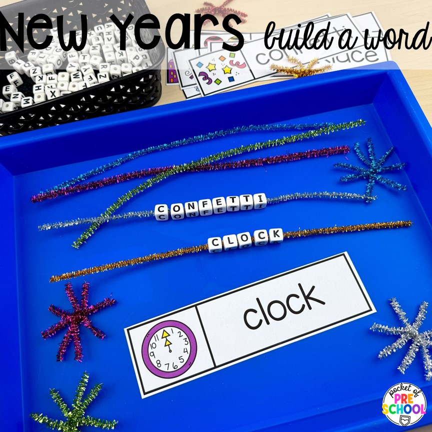 New years build a word activity plus more New Year activities and centers for preschool, pre-k, and kindergarten students.