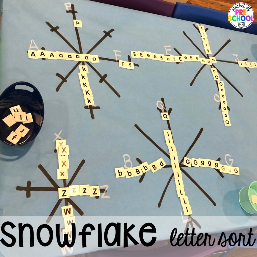 Snowflake letter sort and more ideas for winter butcher paper activities for preschool, pre-k, and kindergarten students.