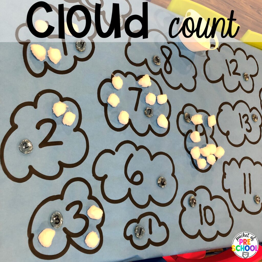 Cloud count plus more ideas for your spring butcher paper activities for math, literacy, and writing skills for preschool, pre-k, and kindergarten students.
