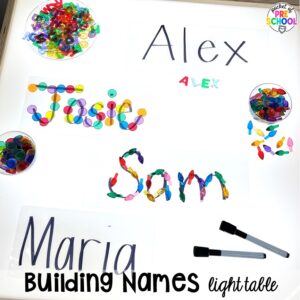 Building names plus more Christmas and gingerbread light table activities for preschool, pre-k, and kindergarten students. These are perfect for the holidays.