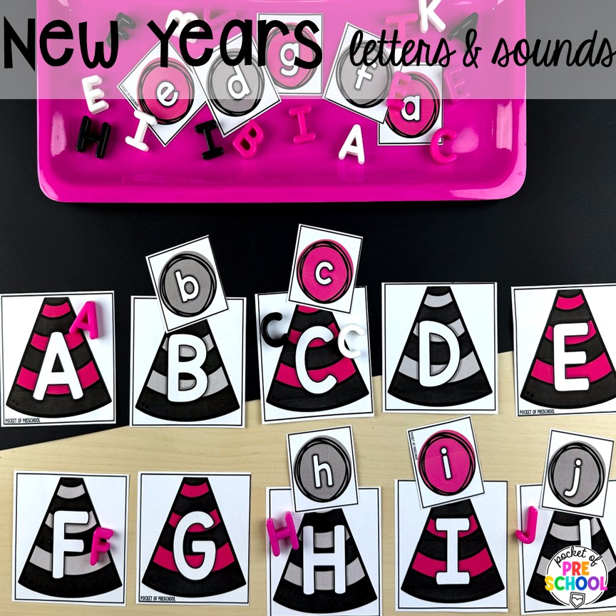 New years letters and sounds game plus more New Year activities and centers for preschool, pre-k, and kindergarten students.