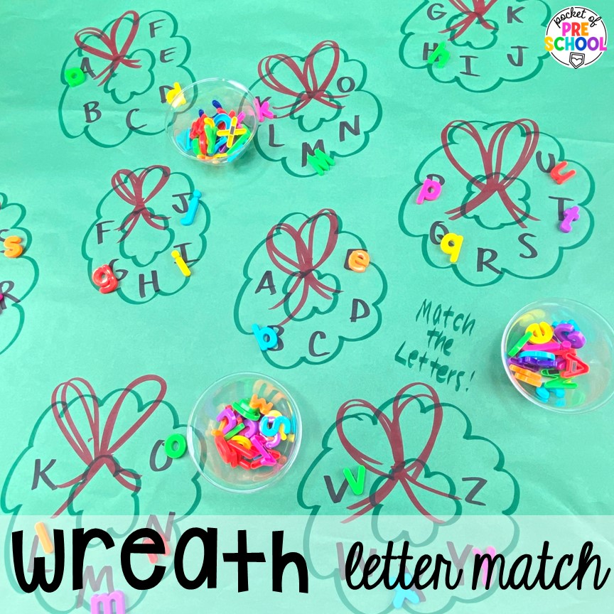 Wreath letter match and more ideas for winter butcher paper activities for preschool, pre-k, and kindergarten students.