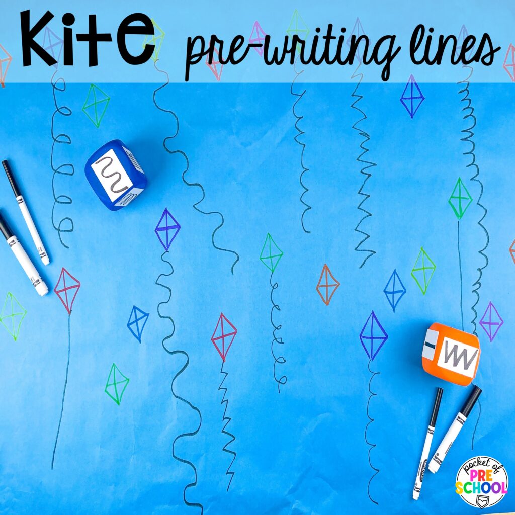Kite pre-writing lines plus more ideas for your spring butcher paper activities for math, literacy, and writing skills for preschool, pre-k, and kindergarten students.