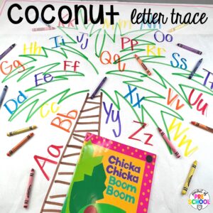 Coconut letter trace plus more summer butcher paper activities for literacy, math, and fine motor for preschool, pre-k, and kindergarten.