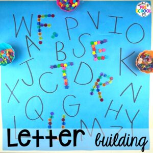 Letter building plus more back to school butcher paper activities for preschool, pre-k, and kindergarten students to practice literacy, math, and fine motor skills.