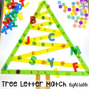Tree letter match plus more Christmas and gingerbread light table activities for preschool, pre-k, and kindergarten students. These are perfect for the holidays.