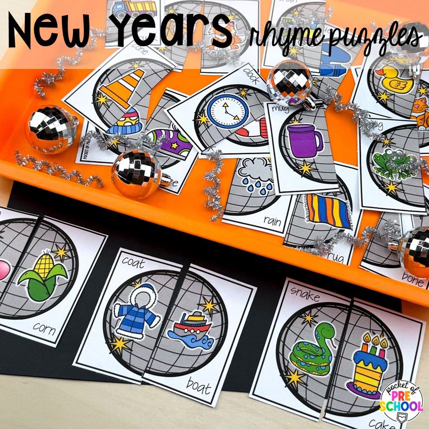 New years rhyme puzzles plus more New Year activities and centers for preschool, pre-k, and kindergarten students.