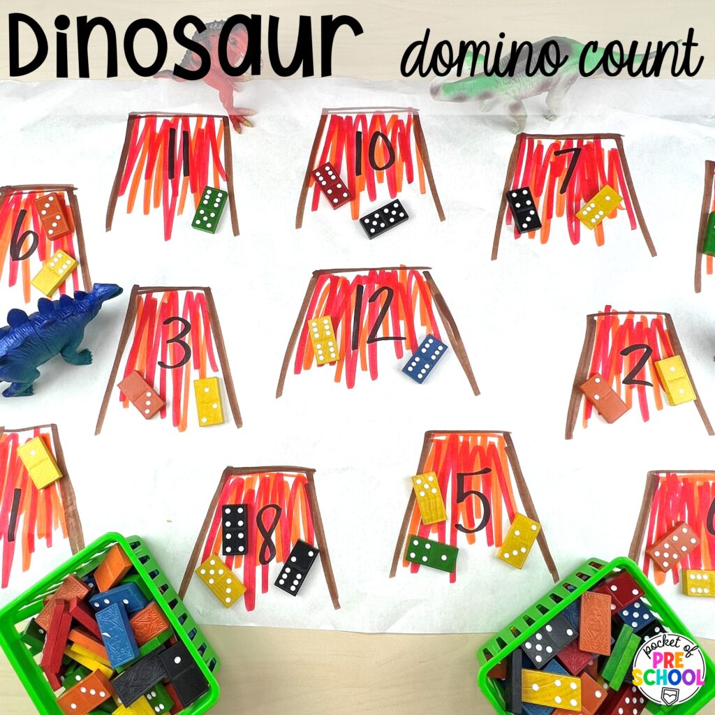 Dinosaur Domino Count plus more math butcher paper activities for preschool, pre-k, and kindergarten students to move and explore while learning.
