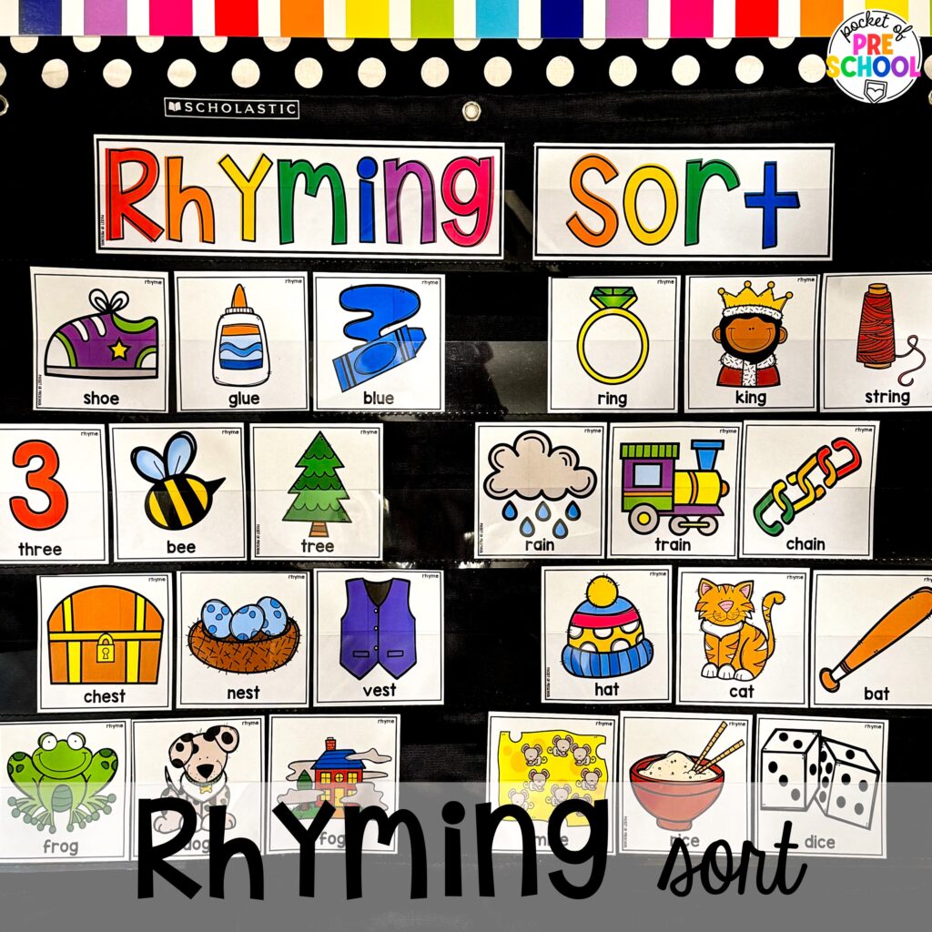 Rhyming sort plus more rhyming activities for preschool, pre-k, and kindergarten students that are hands-on, engaging, and educational.