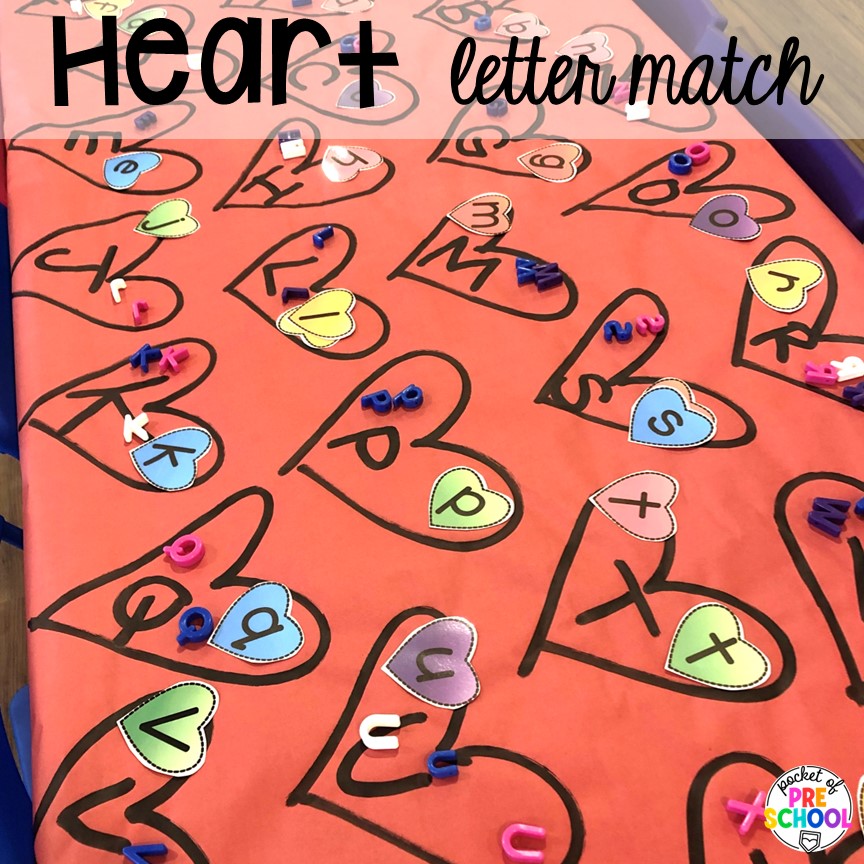 Heart letter match and more ideas for winter butcher paper activities for preschool, pre-k, and kindergarten students.