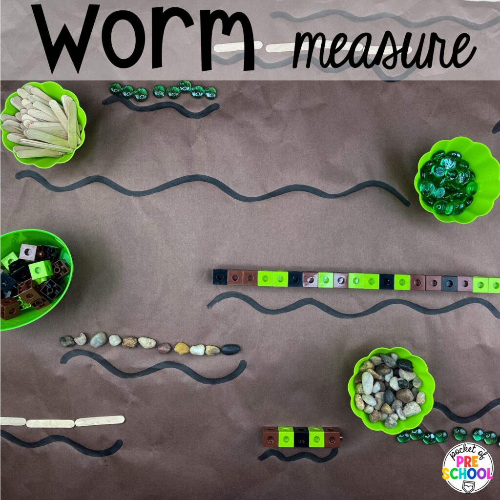 Worm measure plus more ideas for your spring butcher paper activities for math, literacy, and writing skills for preschool, pre-k, and kindergarten students.