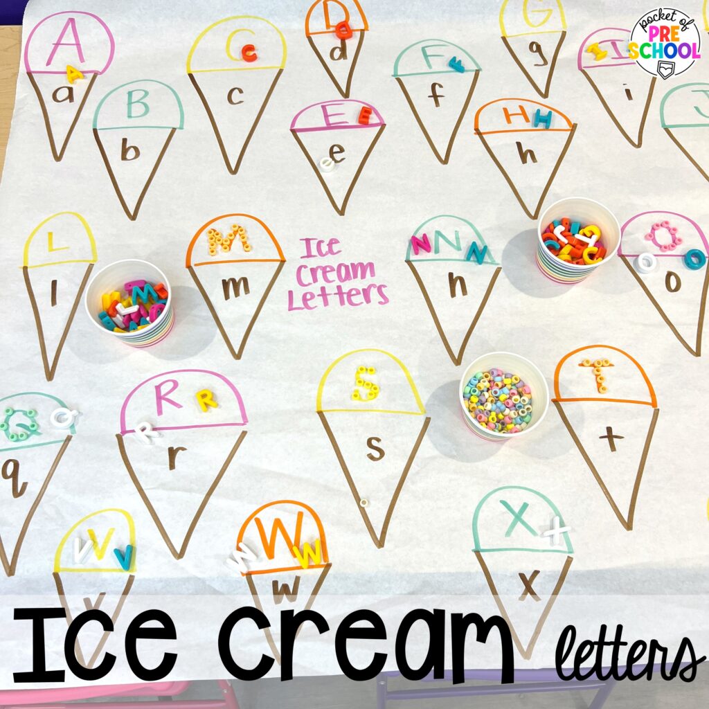 Ice cream letters plus more summer butcher paper activities for literacy, math, and fine motor for preschool, pre-k, and kindergarten.
