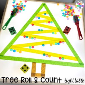 Tree roll and count plus more Christmas and gingerbread light table activities for preschool, pre-k, and kindergarten students. These are perfect for the holidays.