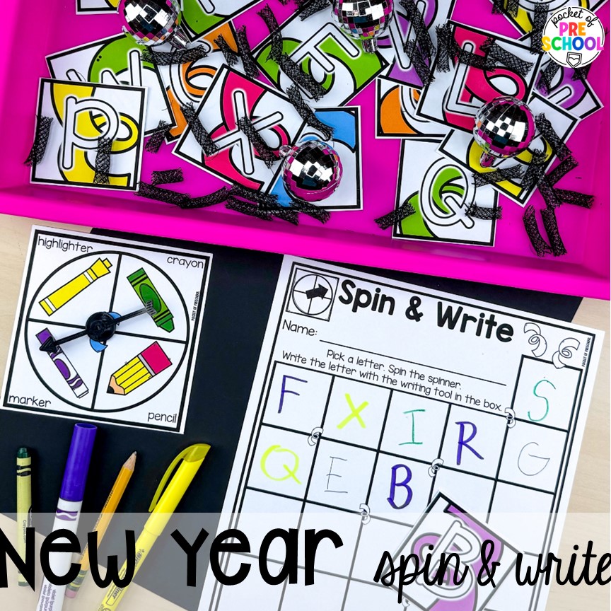 Spin and write letters plus more New Year activities and centers for preschool, pre-k, and kindergarten students.