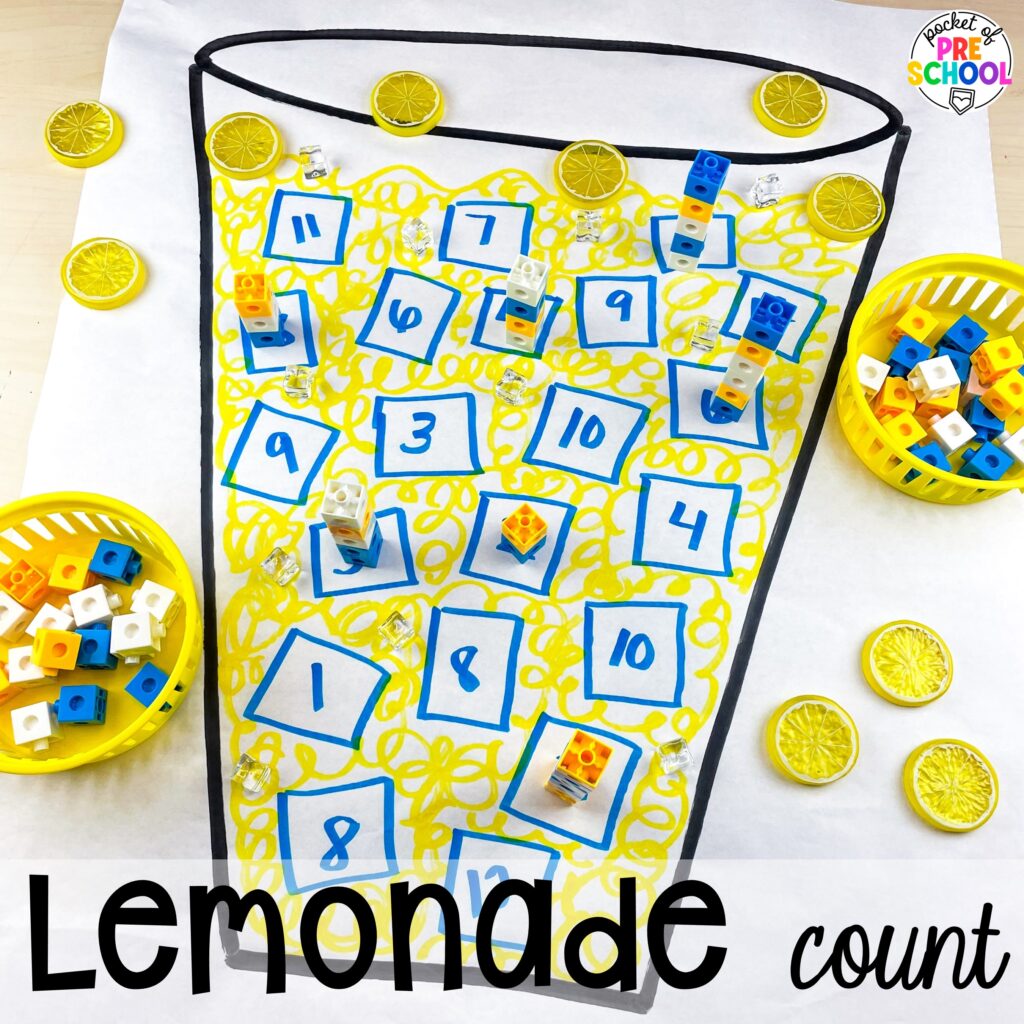 Lemonade Count plus more math butcher paper activities for preschool, pre-k, and kindergarten students to move and explore while learning.