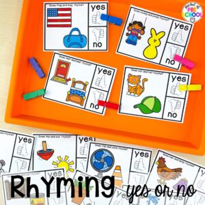 Rhyming yes or no plus more rhyming activities for preschool, pre-k, and kindergarten students that are hands-on, engaging, and educational.