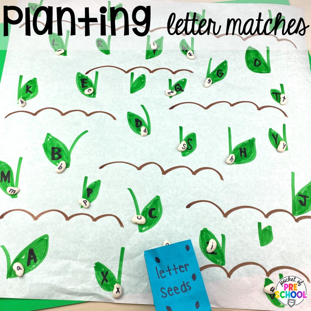 Planting letter matches plus more ideas for your spring butcher paper activities for math, literacy, and writing skills for preschool, pre-k, and kindergarten students.