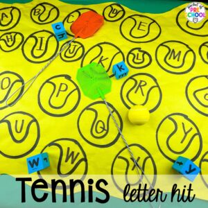 Tennis letter hit plus more summer butcher paper activities for literacy, math, and fine motor for preschool, pre-k, and kindergarten.