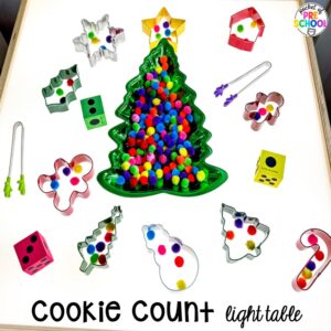 Cookie Counting plus more Christmas and gingerbread light table activities for preschool, pre-k, and kindergarten students. These are perfect for the holidays.