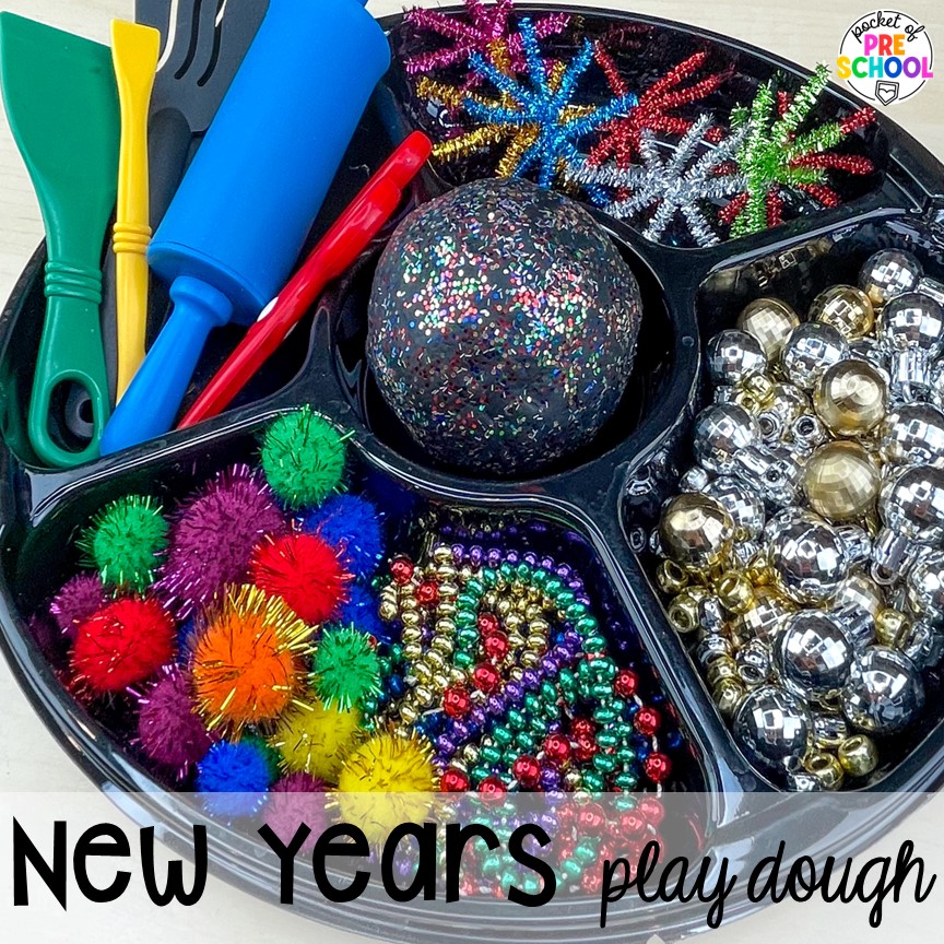 New Years play dough tray plus more New Year activities and centers for preschool, pre-k, and kindergarten students.